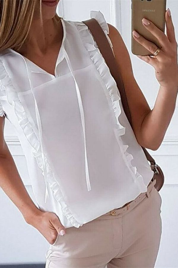 The Best Women Office Ruffle Shirt Tank Top Summer Sleeveless V Neck OL Ladies Loose Blouse Tunic Tops Summer Clothing Online - Takalr