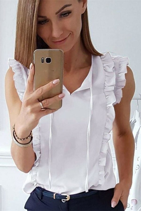 The Best Women Office Ruffle Shirt Tank Top Summer Sleeveless V Neck OL Ladies Loose Blouse Tunic Tops Summer Clothing Online - Takalr