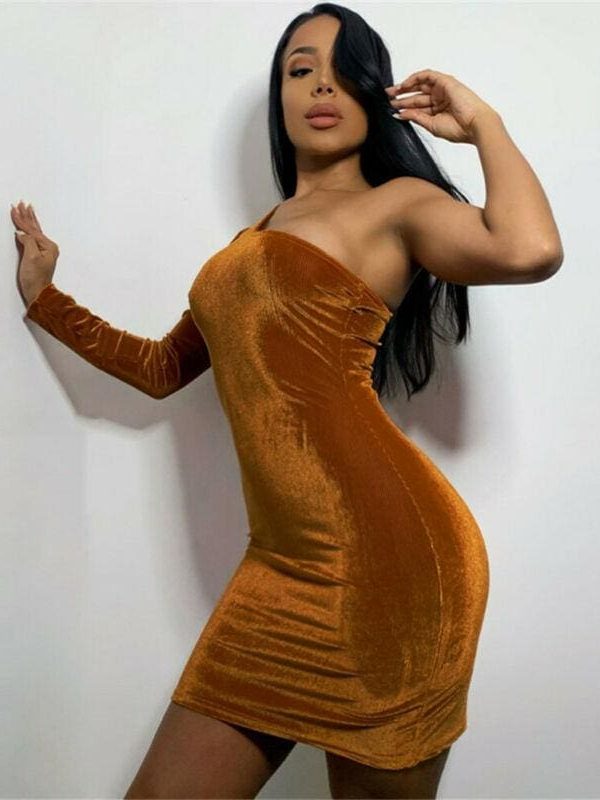 The Best Women One Shoulder Bodycon Dress Ladies Long Sleeve Mini Pencil Dress Solid Club Skew Collar Dress 2020 Fashion Plain Dress Online - Takalr