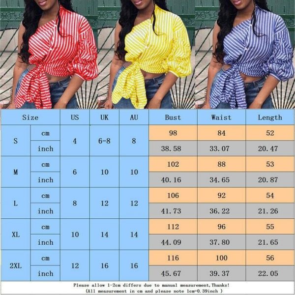 The Best Women One Shoulder Stripe Button Knot Top Tee Puff Sleeve Fashion Ladies Summer Beach Party Casual Tops Plus Size Online - Takalr