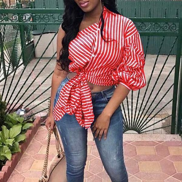 The Best Women One Shoulder Stripe Button Knot Top Tee Puff Sleeve Fashion Ladies Summer Beach Party Casual Tops Plus Size Online - Takalr