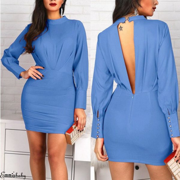 The Best Women Open Back Bodycon Mini Dress Casual Ruched Long Sleeve Bodycon Slim Evening Party Dress Online - Takalr