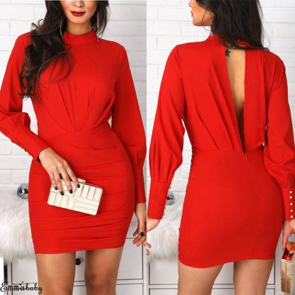 The Best Women Open Back Bodycon Mini Dress Casual Ruched Long Sleeve Bodycon Slim Evening Party Dress Online - Takalr