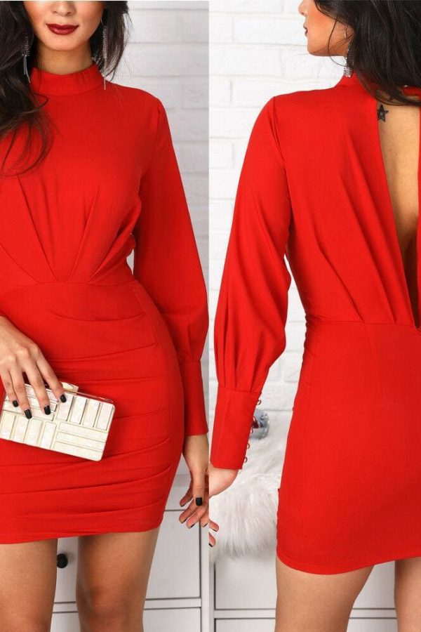 The Best Women Open Back Bodycon Mini Dress Casual Ruched Long Sleeve Bodycon Slim Evening Party Dress Online - Takalr