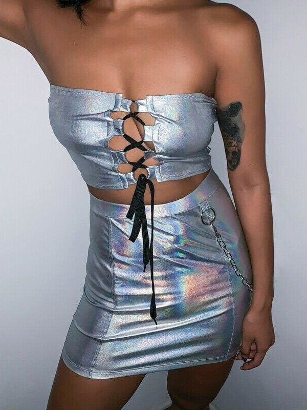 The Best Women Outfits Bodycon Two Piece Set Wrapped Chest Crop Top + Silver Tight Skirt Set Bandage Dress Party Clubwear Online - Takalr