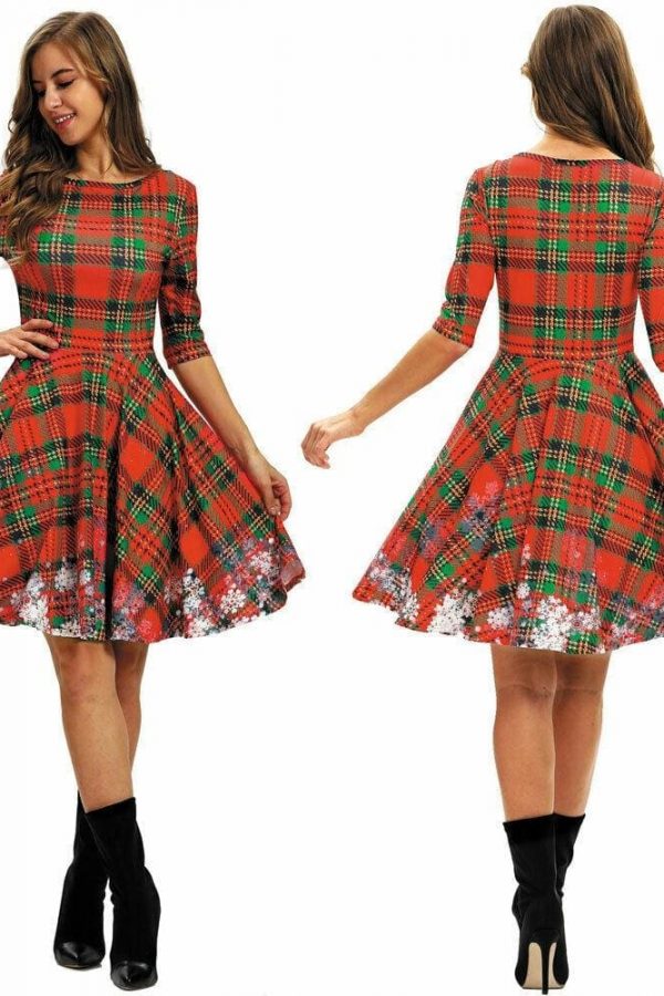 The Best Women Party Dress Ladies Casual Half Sleeve Pleated Xmas Print Cat Snowman Swing Dress Online - Takalr