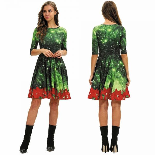 The Best Women Party Dress Ladies Casual Half Sleeve Pleated Xmas Print Cat Snowman Swing Dress Online - Takalr