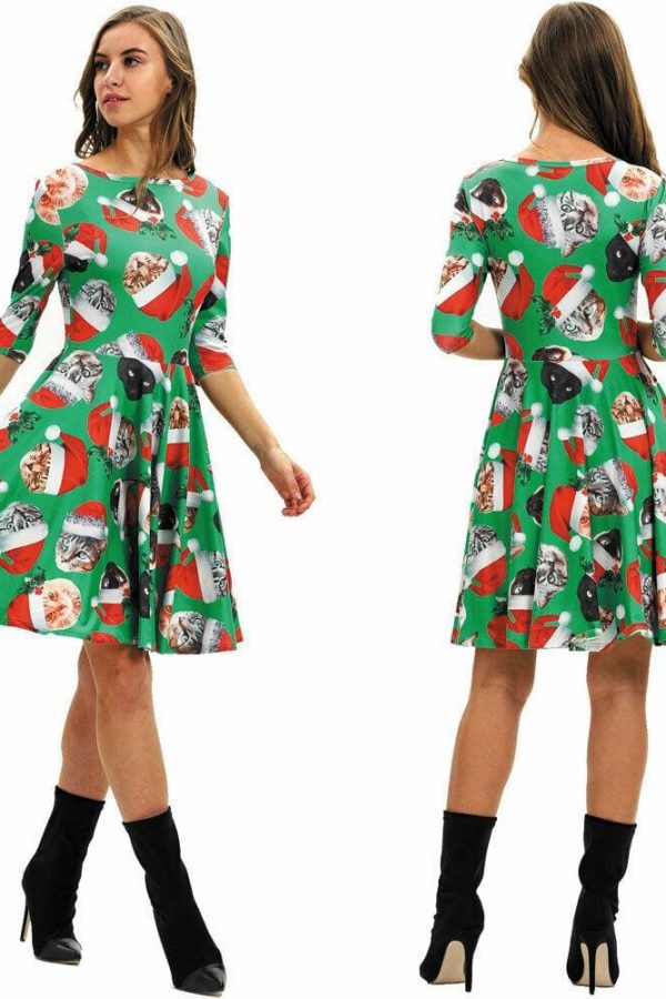 The Best Women Party Dress Ladies Casual Half Sleeve Pleated Xmas Print Cat Snowman Swing Dress Online - Takalr