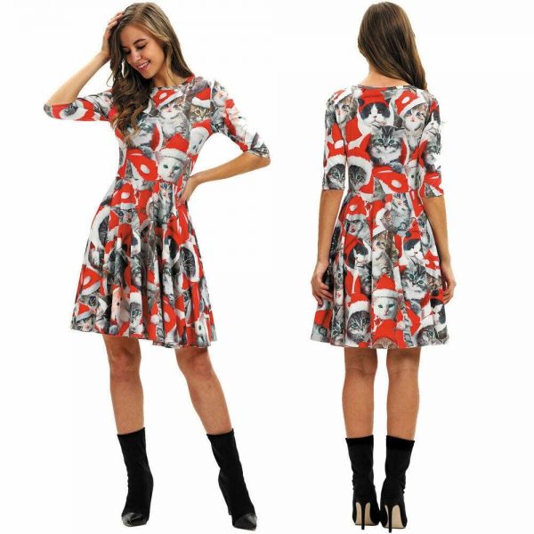 The Best Women Party Dress Ladies Casual Half Sleeve Pleated Xmas Print Cat Snowman Swing Dress Online - Takalr