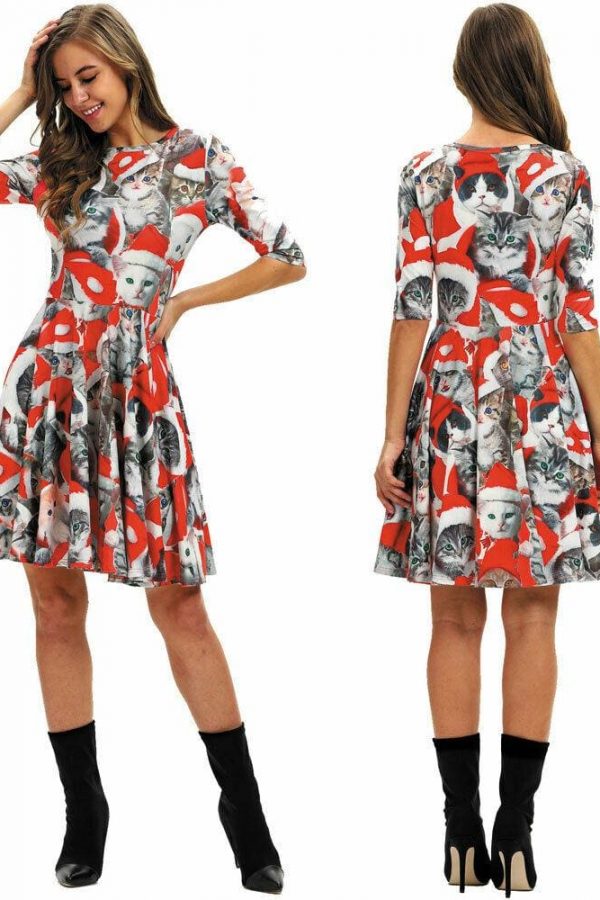 The Best Women Party Dress Ladies Casual Half Sleeve Pleated Xmas Print Cat Snowman Swing Dress Online - Takalr