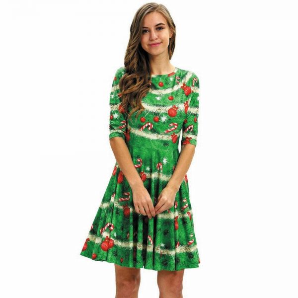 The Best Women Party Dress Ladies Casual Half Sleeve Pleated Xmas Print Cat Snowman Swing Dress Online - Takalr