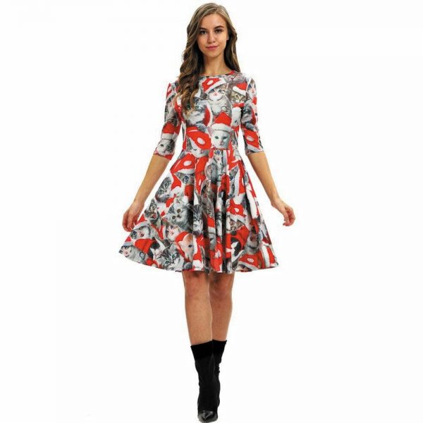 The Best Women Party Dress Ladies Casual Half Sleeve Pleated Xmas Print Cat Snowman Swing Dress Online - Takalr