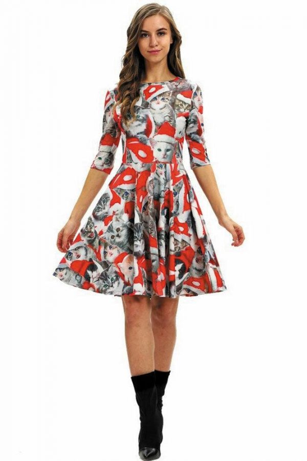 The Best Women Party Dress Ladies Casual Half Sleeve Pleated Xmas Print Cat Snowman Swing Dress Online - Takalr