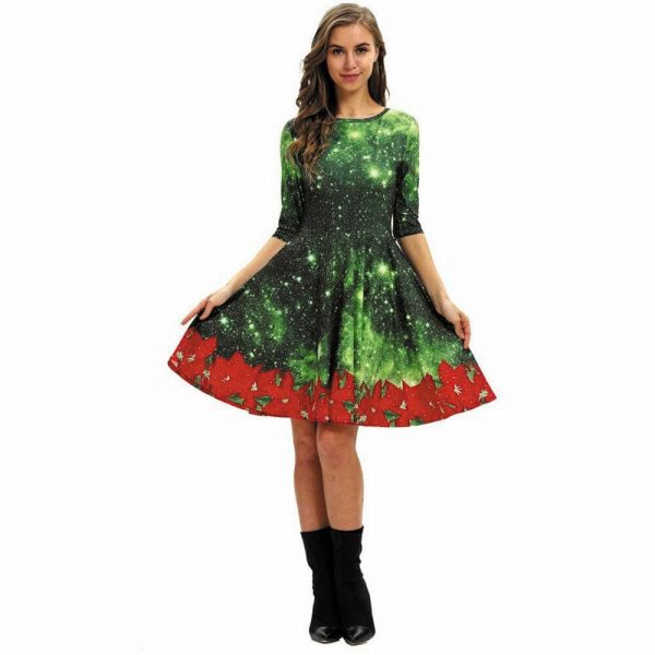 The Best Women Party Dress Ladies Casual Half Sleeve Pleated Xmas Print Cat Snowman Swing Dress Online - Takalr