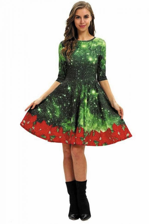 The Best Women Party Dress Ladies Casual Half Sleeve Pleated Xmas Print Cat Snowman Swing Dress Online - Takalr