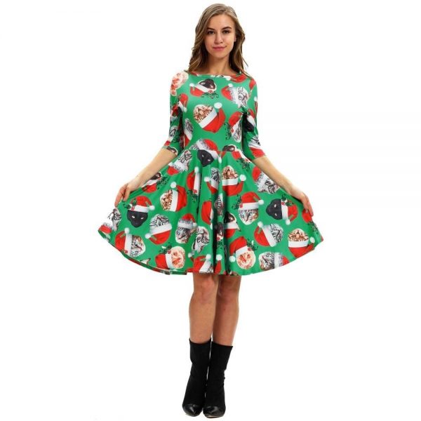 The Best Women Party Dress Ladies Casual Half Sleeve Pleated Xmas Print Cat Snowman Swing Dress Online - Takalr