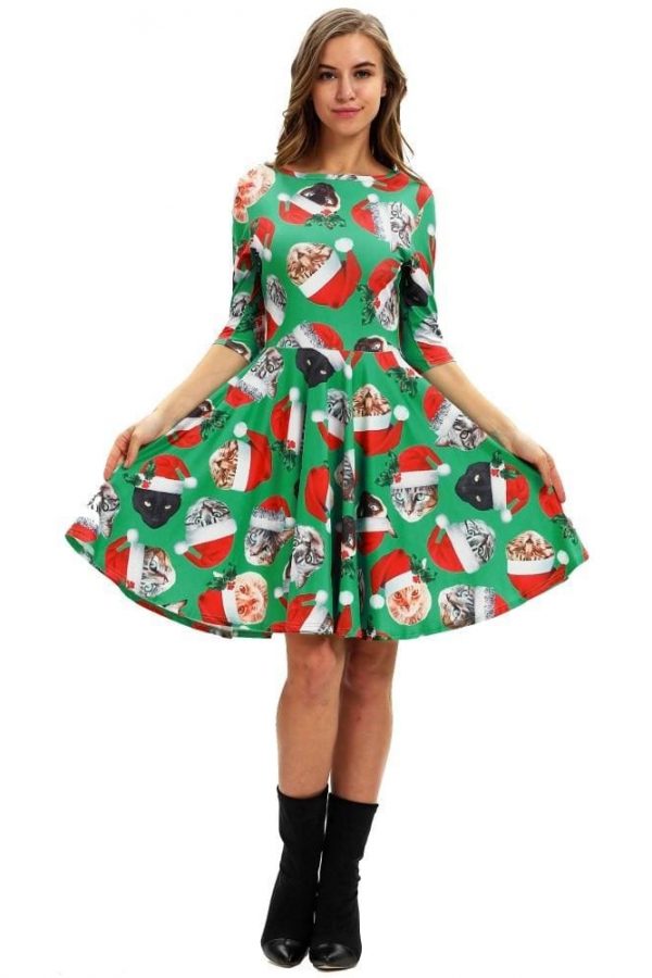 The Best Women Party Dress Ladies Casual Half Sleeve Pleated Xmas Print Cat Snowman Swing Dress Online - Takalr