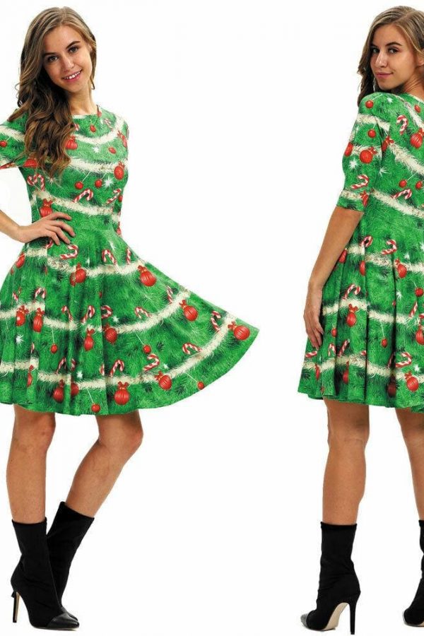 The Best Women Party Dress Ladies Casual Half Sleeve Pleated Xmas Print Cat Snowman Swing Dress Online - Takalr