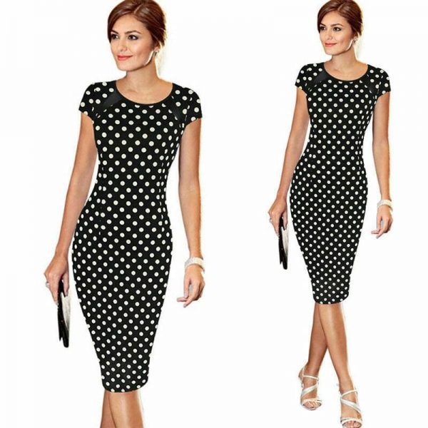 The Best Women Pencil Dress Short Sleeve Summer Bandage Evening Party O-neck Bodycon Slim Polka Dot Dress Knee Length Online - Source Silk