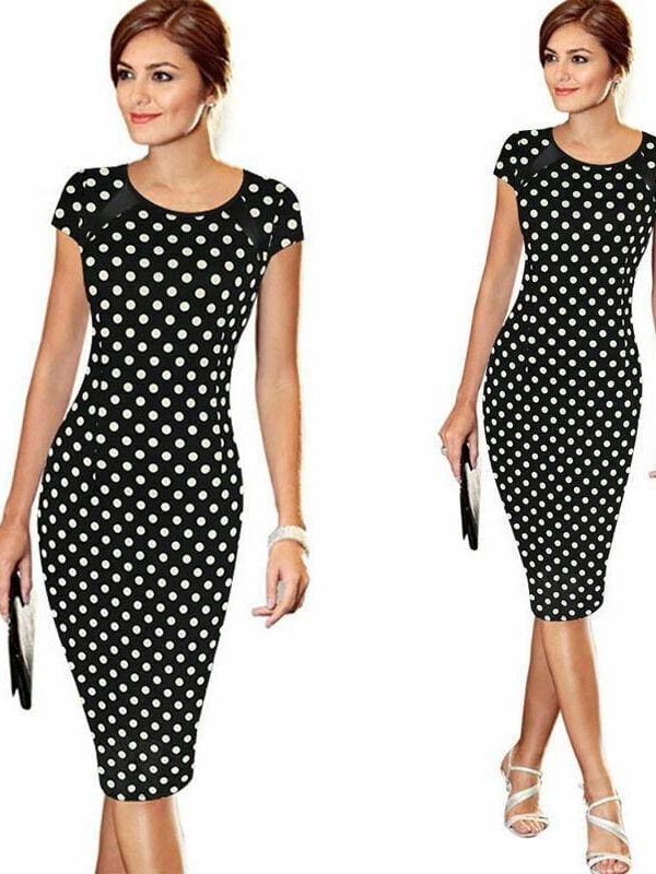 The Best Women Pencil Dress Short Sleeve Summer Bandage Evening Party O-neck Bodycon Slim Polka Dot Dress Knee Length Online - Source Silk