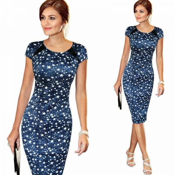 The Best Women Pencil Dress Short Sleeve Summer Bandage Evening Party O-neck Bodycon Slim Polka Dot Dress Knee Length Online - Source Silk