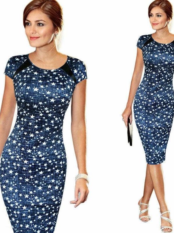 The Best Women Pencil Dress Short Sleeve Summer Bandage Evening Party O-neck Bodycon Slim Polka Dot Dress Knee Length Online - Source Silk