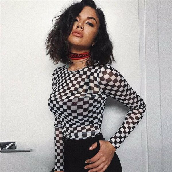 The Best Women Plaid Long Sleeve Mesh Bodycon T-shirts Stretch Ladies Leotard Crop Tops T shirt Online - Takalr