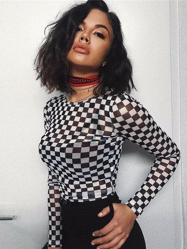 The Best Women Plaid Long Sleeve Mesh Bodycon T-shirts Stretch Ladies Leotard Crop Tops T shirt Online - Takalr