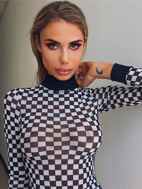 The Best Women Plaid Long Sleeve Mesh Bodycon T-shirts Stretch Ladies Leotard Crop Tops T shirt Online - Takalr