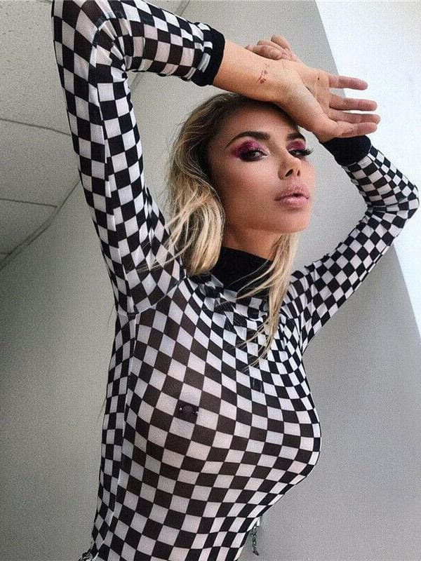 The Best Women Plaid Long Sleeve Mesh Bodycon T-shirts Stretch Ladies Leotard Crop Tops T shirt Online - Takalr