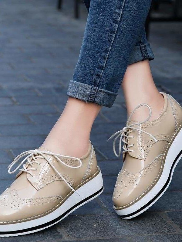 The Best Women Platform Oxfords Brogue Flats Shoes Leather Lace Up Pointed Toe Online - Source Silk