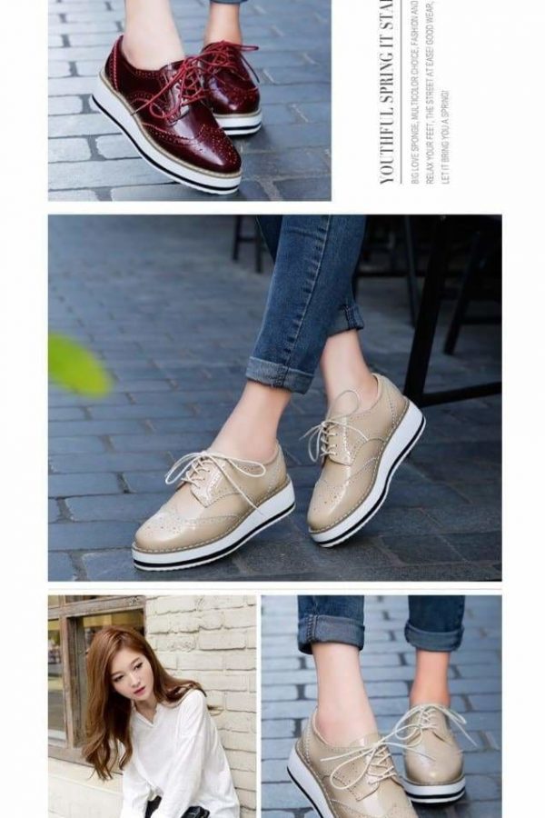 The Best Women Platform Oxfords Brogue Flats Shoes Leather Lace Up Pointed Toe Online - Source Silk