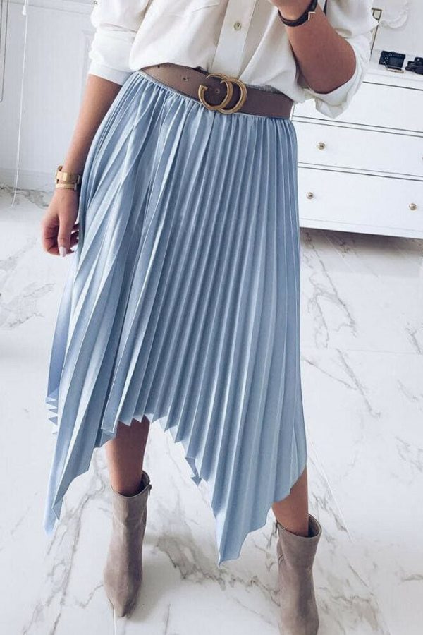 The Best Women Pleated Skirt Elastic High Waist Solid Color Midi A-line Skirt Casual Summer Beach Swing Midi Sundress Online - Takalr