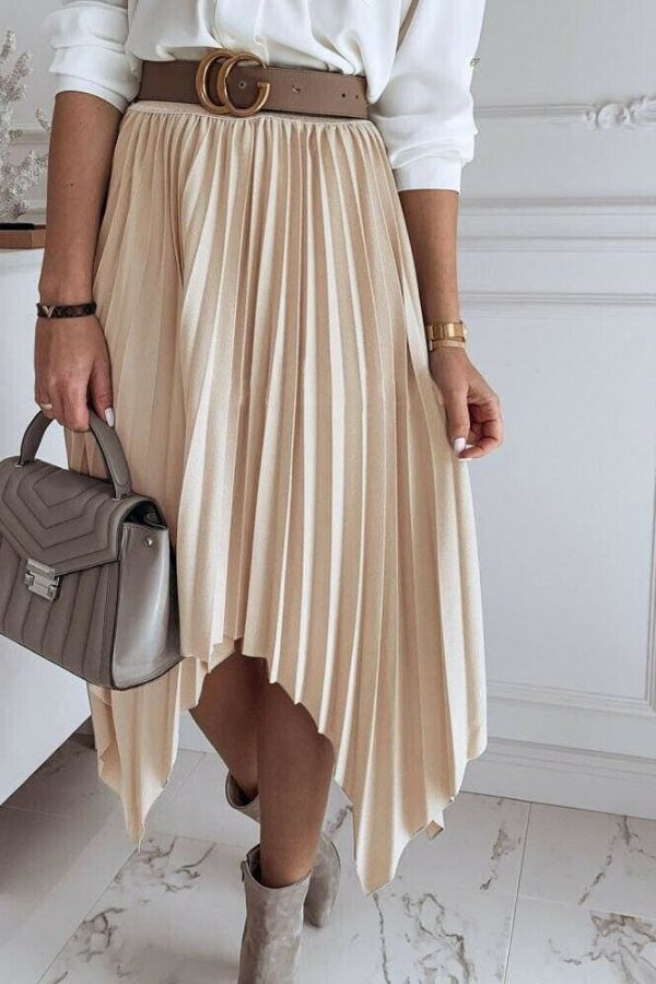 The Best Women Pleated Skirt Elastic High Waist Solid Color Midi A-line Skirt Casual Summer Beach Swing Midi Sundress Online - Takalr