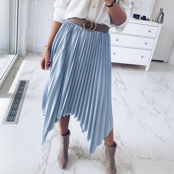 The Best Women Pleated Skirt Elastic High Waist Solid Color Midi A-line Skirt Casual Summer Beach Swing Midi Sundress Online - Takalr