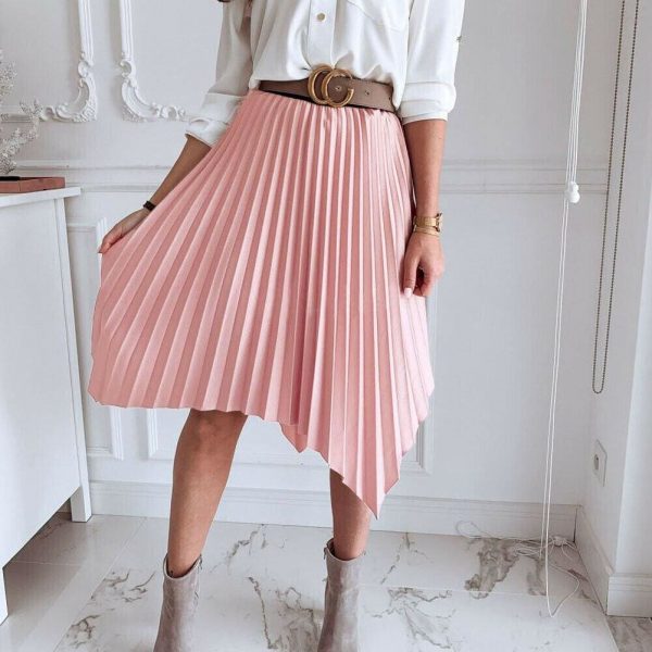 The Best Women Pleated Skirt Elastic High Waist Solid Color Midi A-line Skirt Casual Summer Beach Swing Midi Sundress Online - Takalr