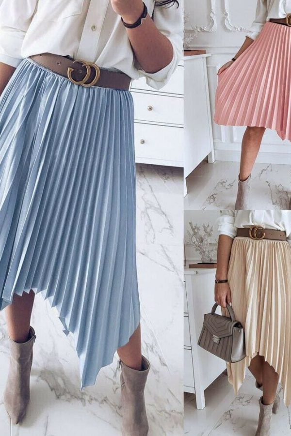 The Best Women Pleated Skirt Elastic High Waist Solid Color Midi A-line Skirt Casual Summer Beach Swing Midi Sundress Online - Takalr