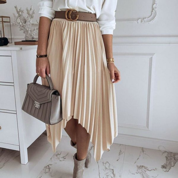 The Best Women Pleated Skirt Elastic High Waist Solid Color Midi A-line Skirt Casual Summer Beach Swing Midi Sundress Online - Takalr