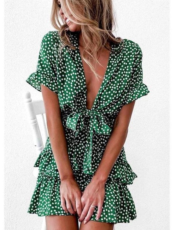 The Best Women Polka Dot Boho Ruffle Mini Dress Knot V-Neck Beach Holiday Dresses Online - Takalr