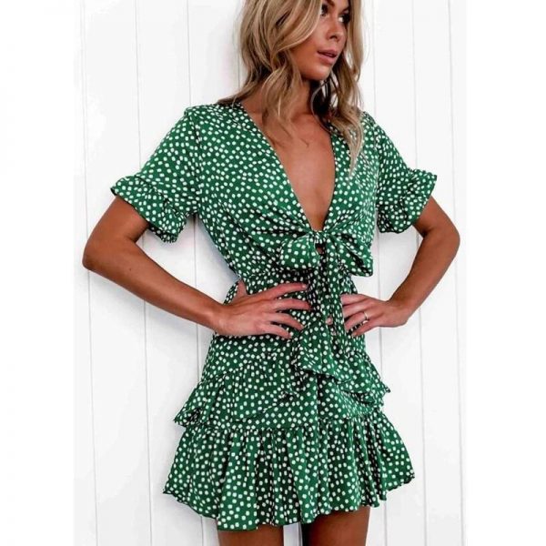 The Best Women Polka Dot Boho Ruffle Mini Dress Knot V-Neck Beach Holiday Dresses Online - Takalr