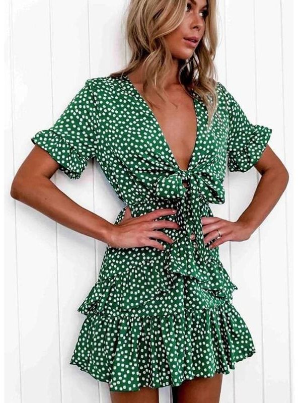 The Best Women Polka Dot Boho Ruffle Mini Dress Knot V-Neck Beach Holiday Dresses Online - Takalr