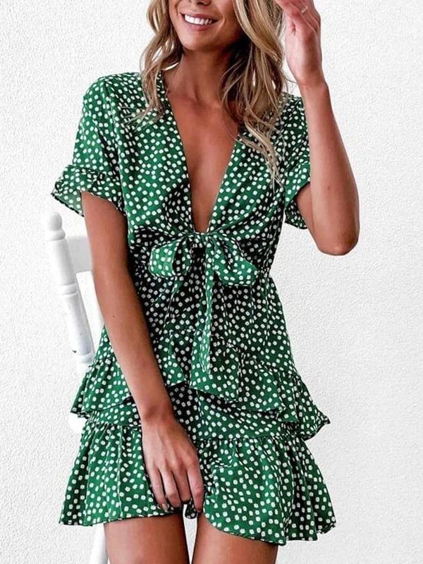 The Best Women Polka Dot Boho Ruffle Mini Dress Knot V-Neck Beach Holiday Dresses Online - Takalr