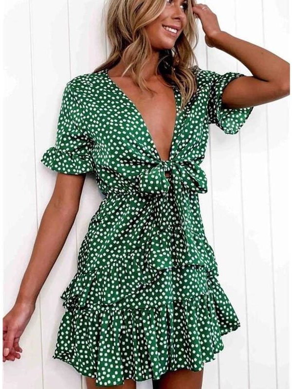 The Best Women Polka Dot Boho Ruffle Mini Dress Knot V-Neck Beach Holiday Dresses Online - Takalr