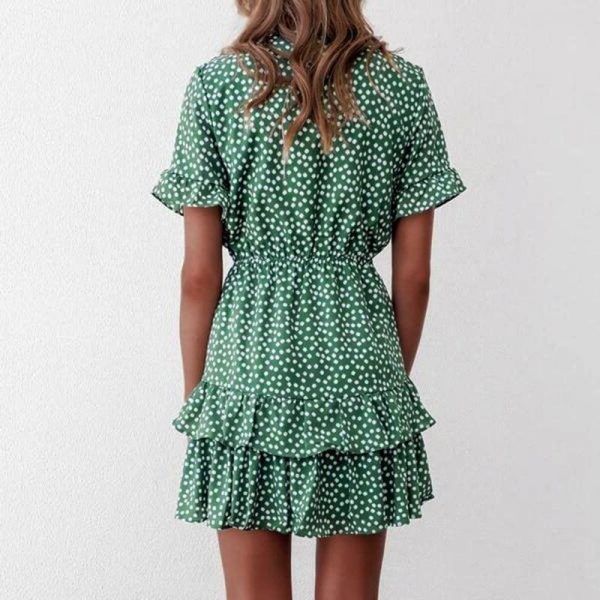 The Best Women Polka Dot Boho Ruffle Mini Dress Knot V-Neck Beach Holiday Dresses Online - Takalr