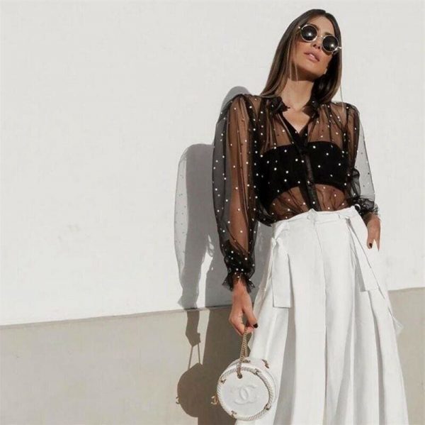 The Best Women Polka Dot Mesh Sheer Tops Puff Long Sleeve Stand Collar Shirts Blouse Online - Takalr