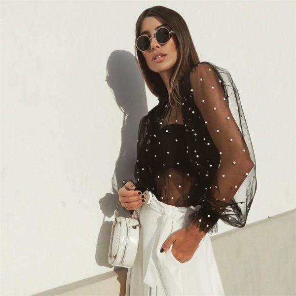 The Best Women Polka Dot Mesh Sheer Tops Puff Long Sleeve Stand Collar Shirts Blouse Online - Takalr