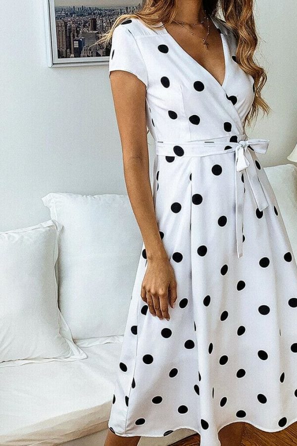 The Best Women Polka Dot Midi Dress Fashion Ladies Boho Short Sleeve V Neck Summer Beach Party Casual Long Sundress Online - Takalr