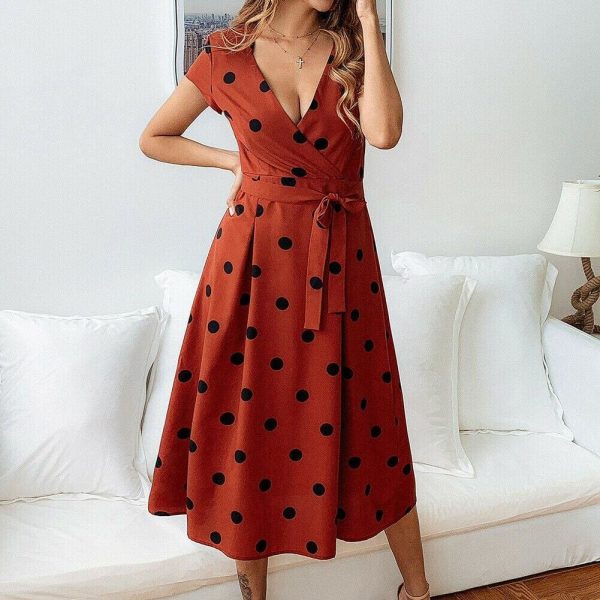 The Best Women Polka Dot Midi Dress Fashion Ladies Boho Short Sleeve V Neck Summer Beach Party Casual Long Sundress Online - Takalr