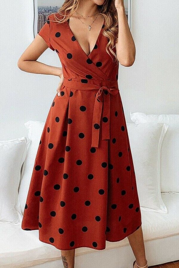 The Best Women Polka Dot Midi Dress Fashion Ladies Boho Short Sleeve V Neck Summer Beach Party Casual Long Sundress Online - Takalr