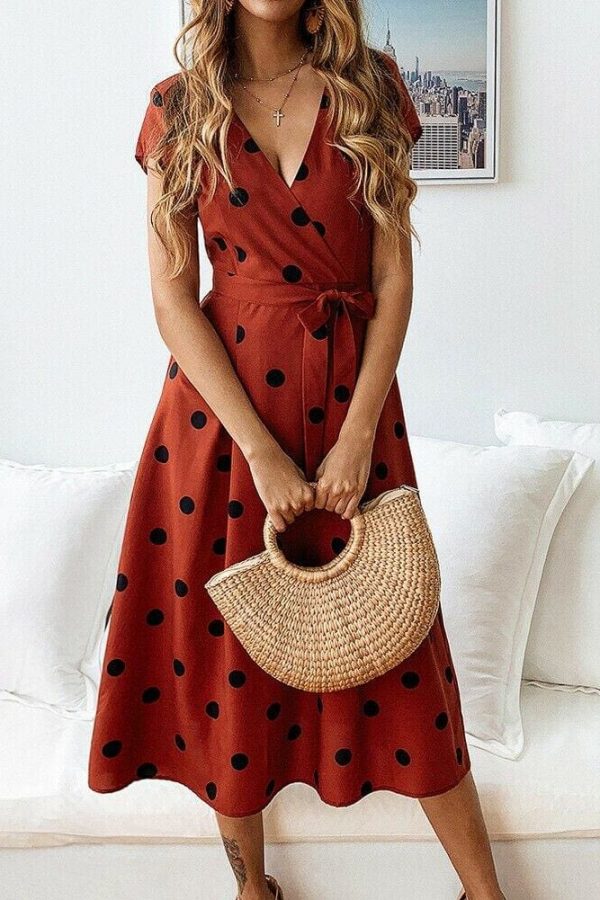 The Best Women Polka Dot Midi Dress Fashion Ladies Boho Short Sleeve V Neck Summer Beach Party Casual Long Sundress Online - Takalr